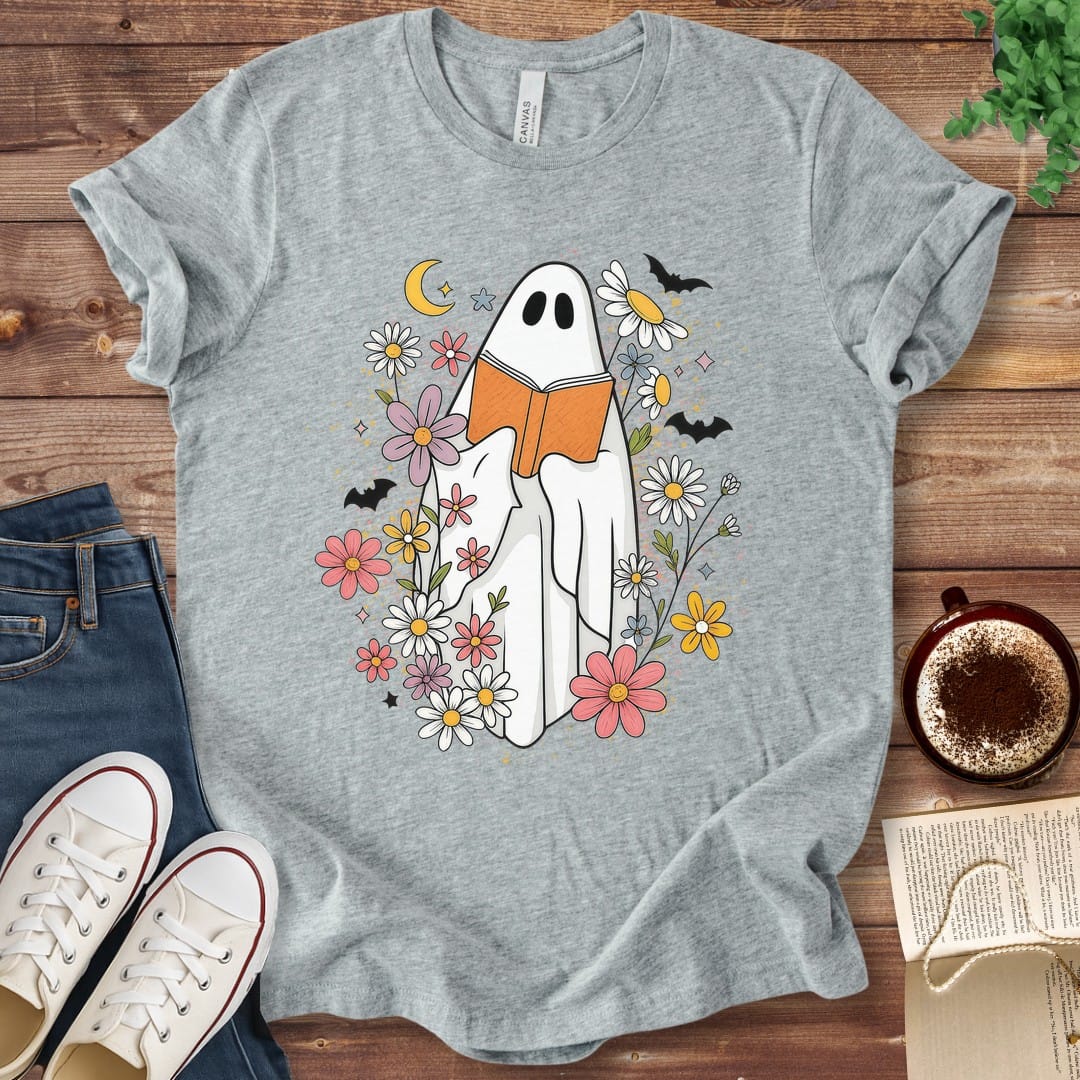 T-Shirt Athletic Heather / S Halloween Ghost Reading Among Wildflowers T-Shirt