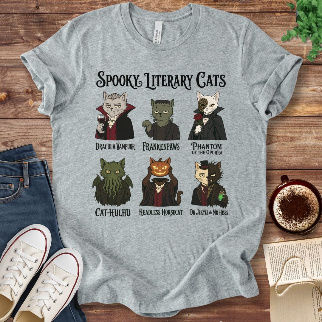 T-Shirt Athletic Heather / S Spooky Literary Cats T-Shirt