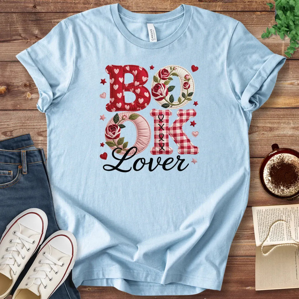 T-Shirt Baby Blue / S Book Lover Faux Patchwork T-Shirt