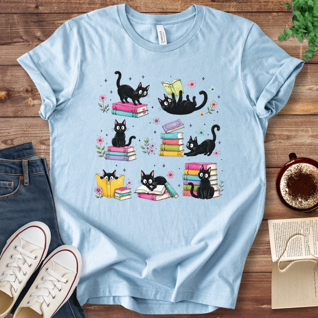 T-Shirt Baby Blue / S Colorful Cats and Books T-Shirt
