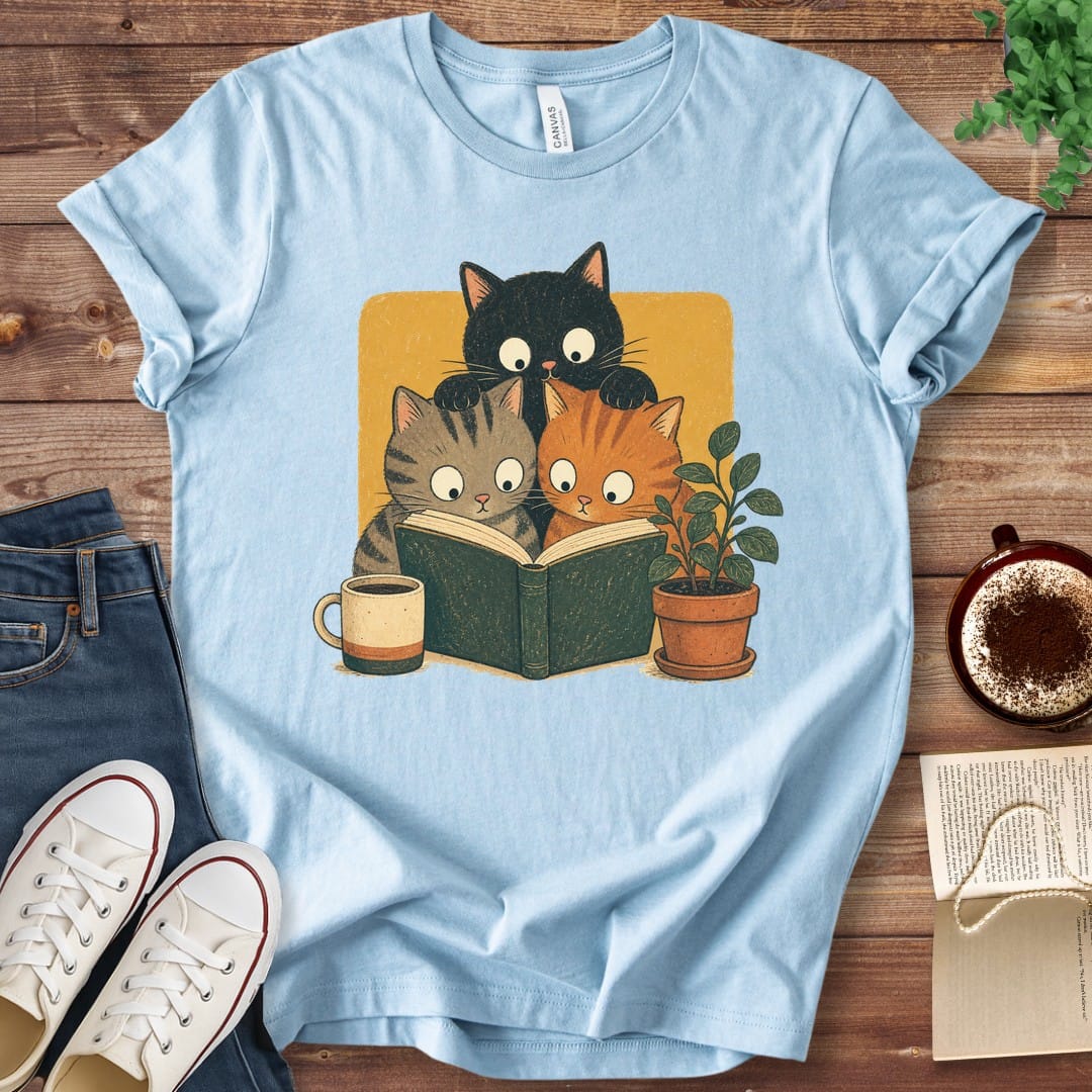 T-Shirt Baby Blue / S Curious Cats Reading Together T-Shirt