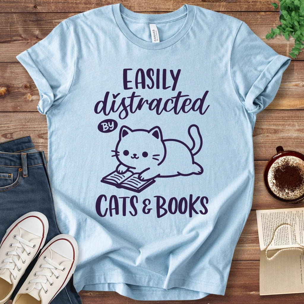 T-Shirt Baby Blue / S Easily Distracted by Cats and Books T-Shirt