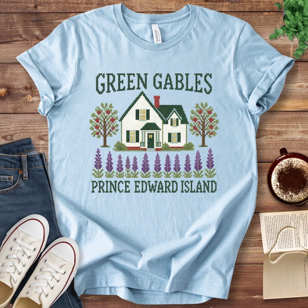T-Shirt Baby Blue / S Green Gables Faux Cross Stitch T-Shirt