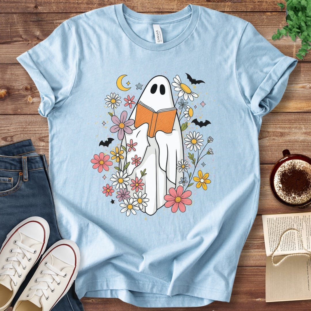 T-Shirt Baby Blue / S Halloween Ghost Reading Among Wildflowers T-Shirt