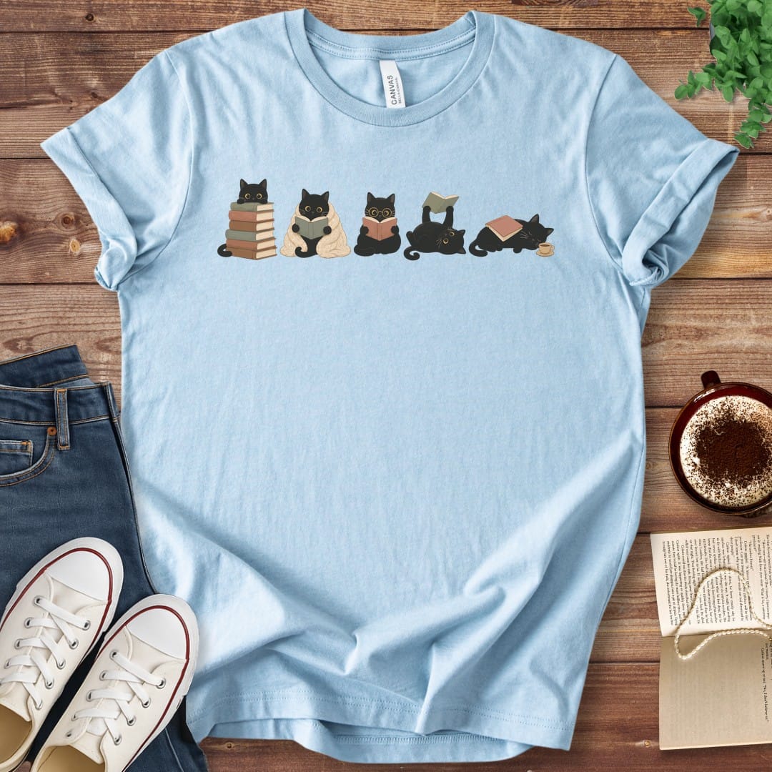 T-Shirt Baby Blue / S Row of Reading Cats Book Lover T-Shirt