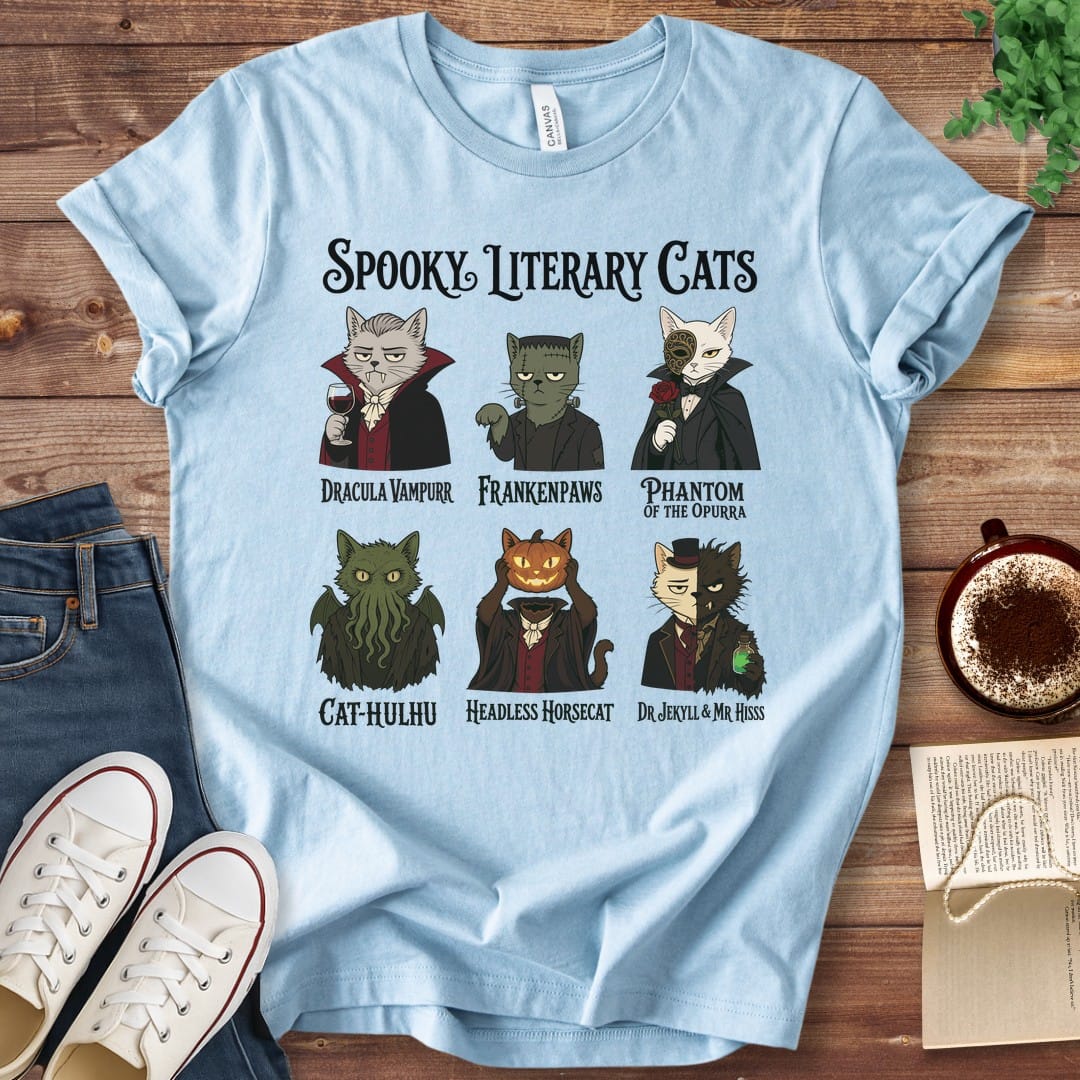 T-Shirt Baby Blue / S Spooky Literary Cats T-Shirt
