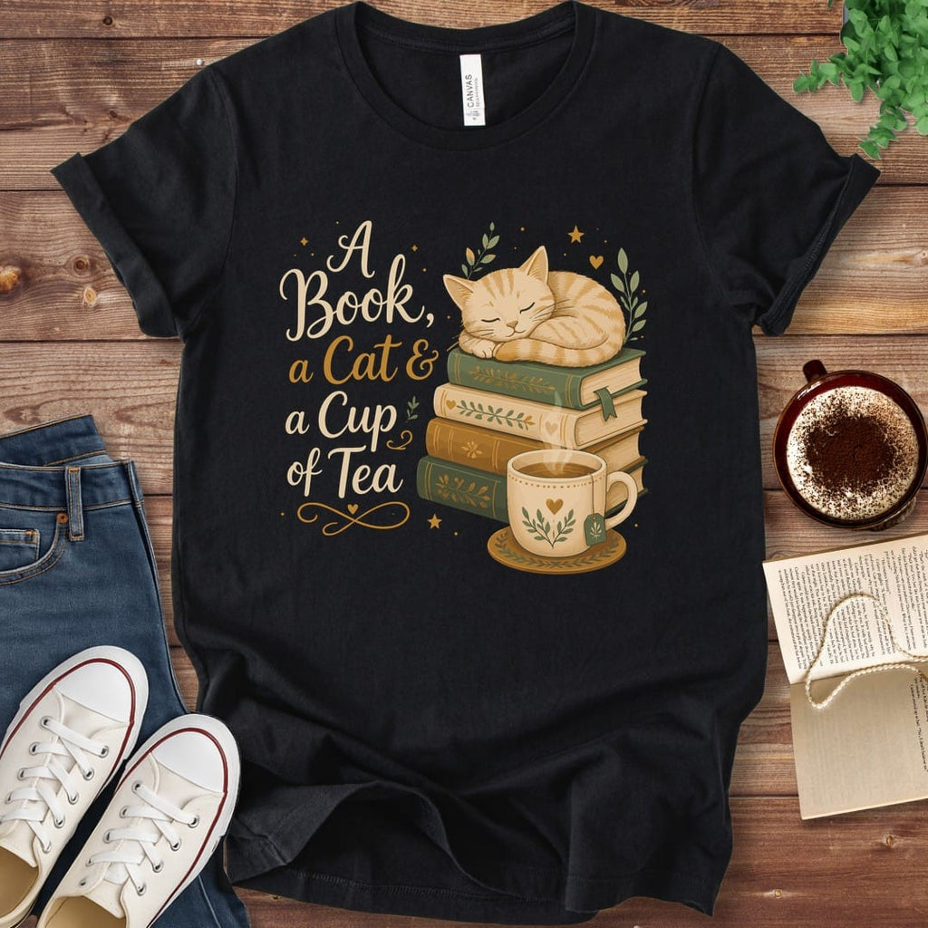 T-Shirt Black / S A Book a Cat and a Cup of Tea T-Shirt