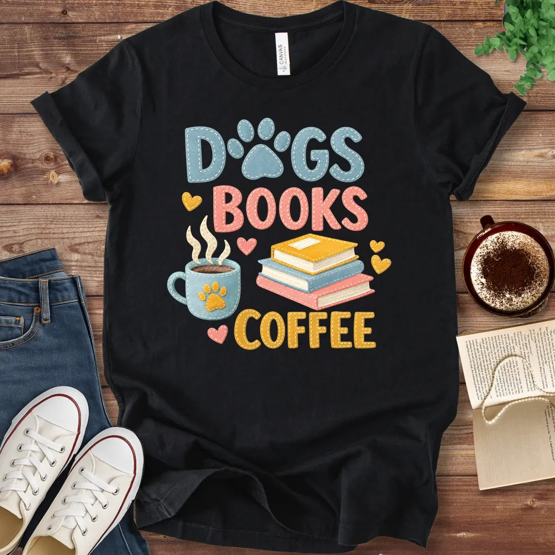 T-Shirt Black / S Dogs Books and Coffee Faux Patchwork T-Shirt