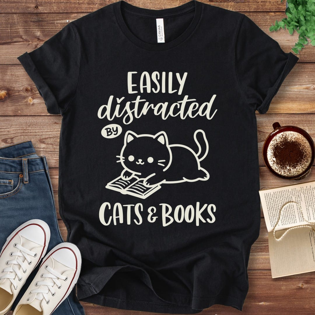 T-Shirt Black / S Easily Distracted by Cats and Books T-Shirt