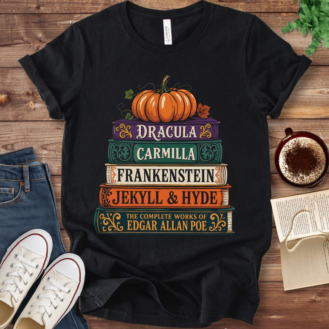 T-Shirt Black / S Gothic Classics Halloween Book Stack T-Shirt