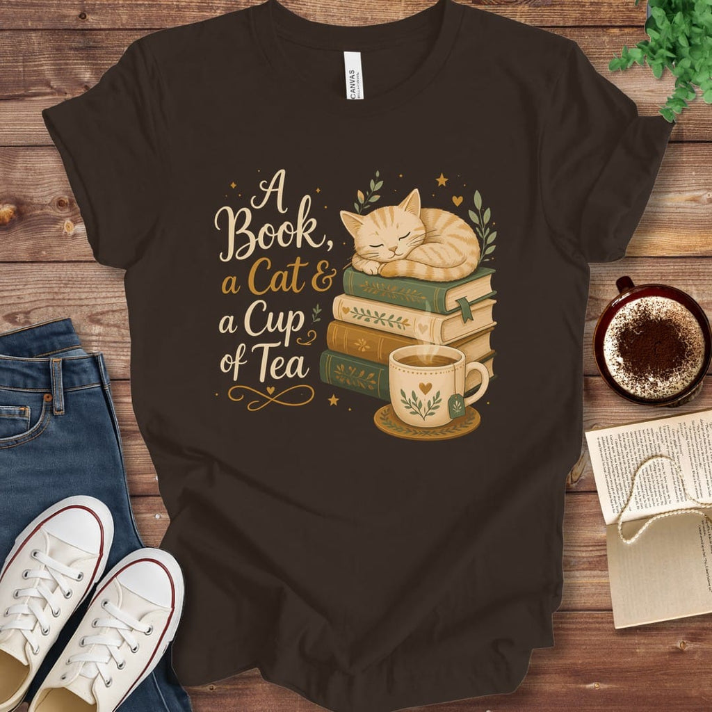 T-Shirt Brown / S A Book a Cat and a Cup of Tea T-Shirt