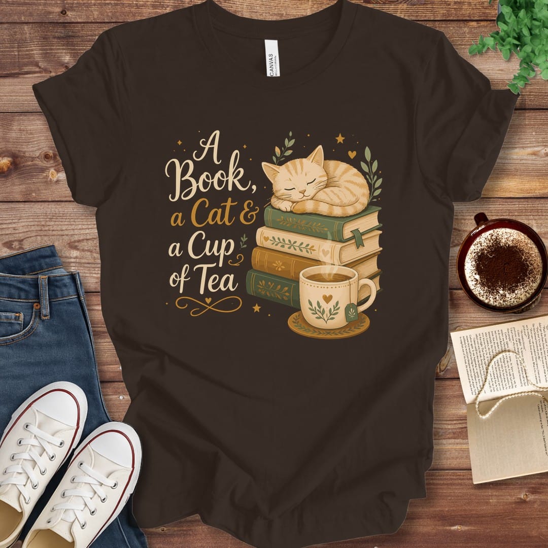 T-Shirt Brown / S A Book a Cat and a Cup of Tea T-Shirt