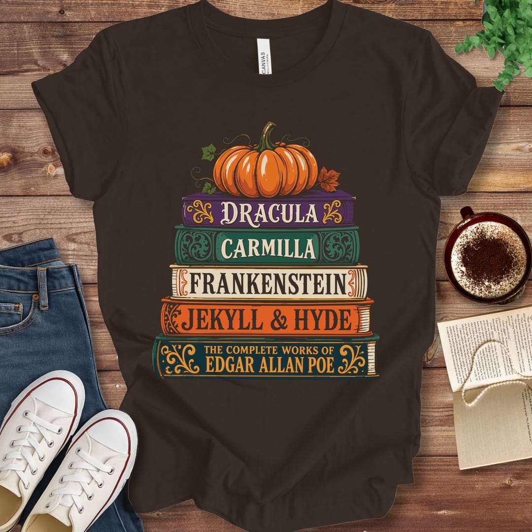 T-Shirt Brown / S Gothic Classics Halloween Book Stack T-Shirt