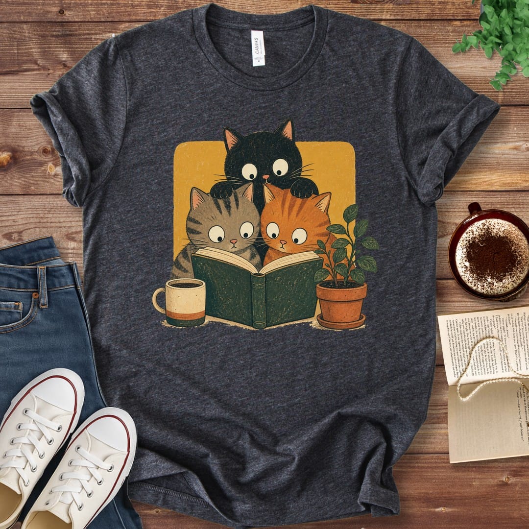 T-Shirt Dark Grey Heather / S Curious Cats Reading Together T-Shirt