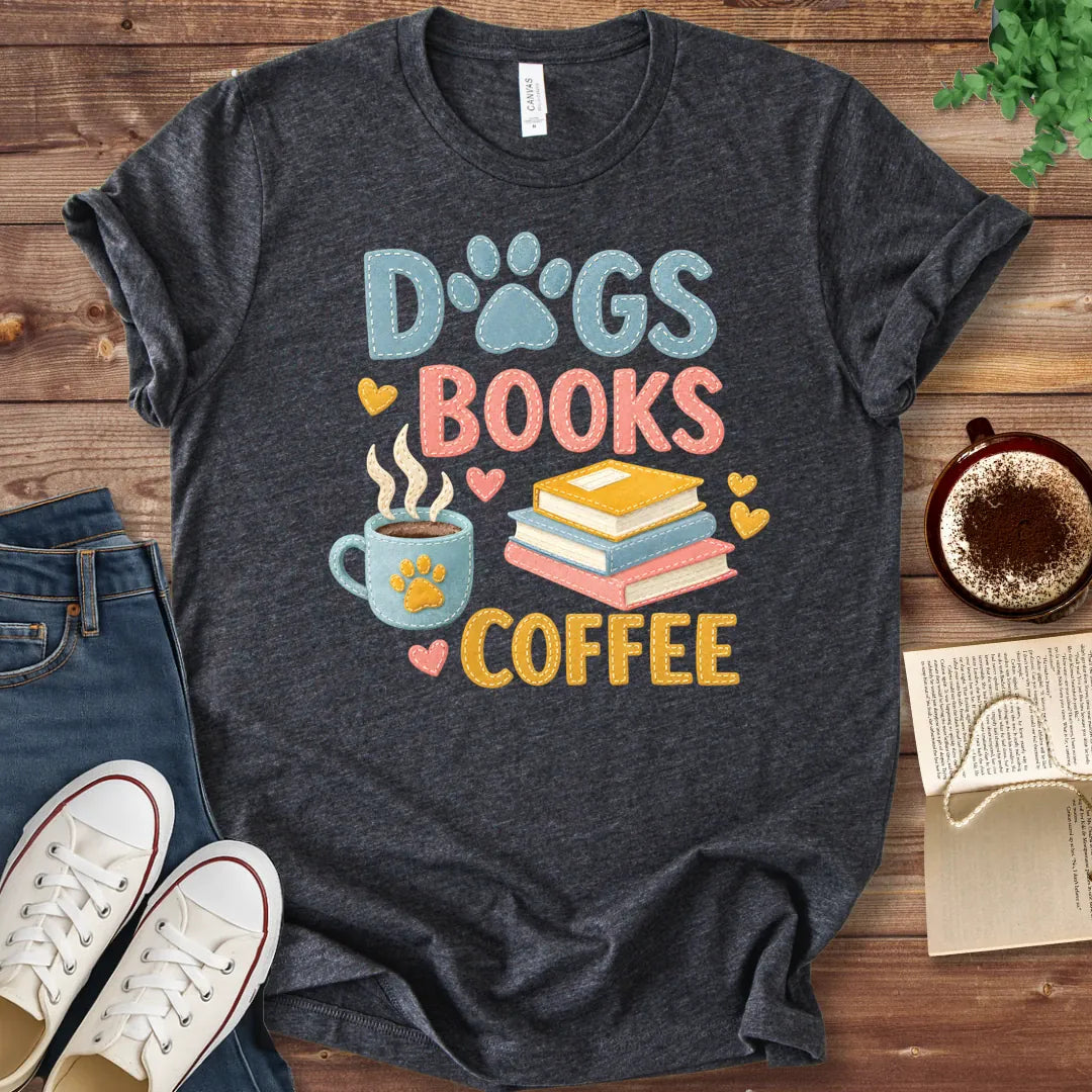 T-Shirt Dark Grey Heather / S Dogs Books and Coffee Faux Patchwork T-Shirt