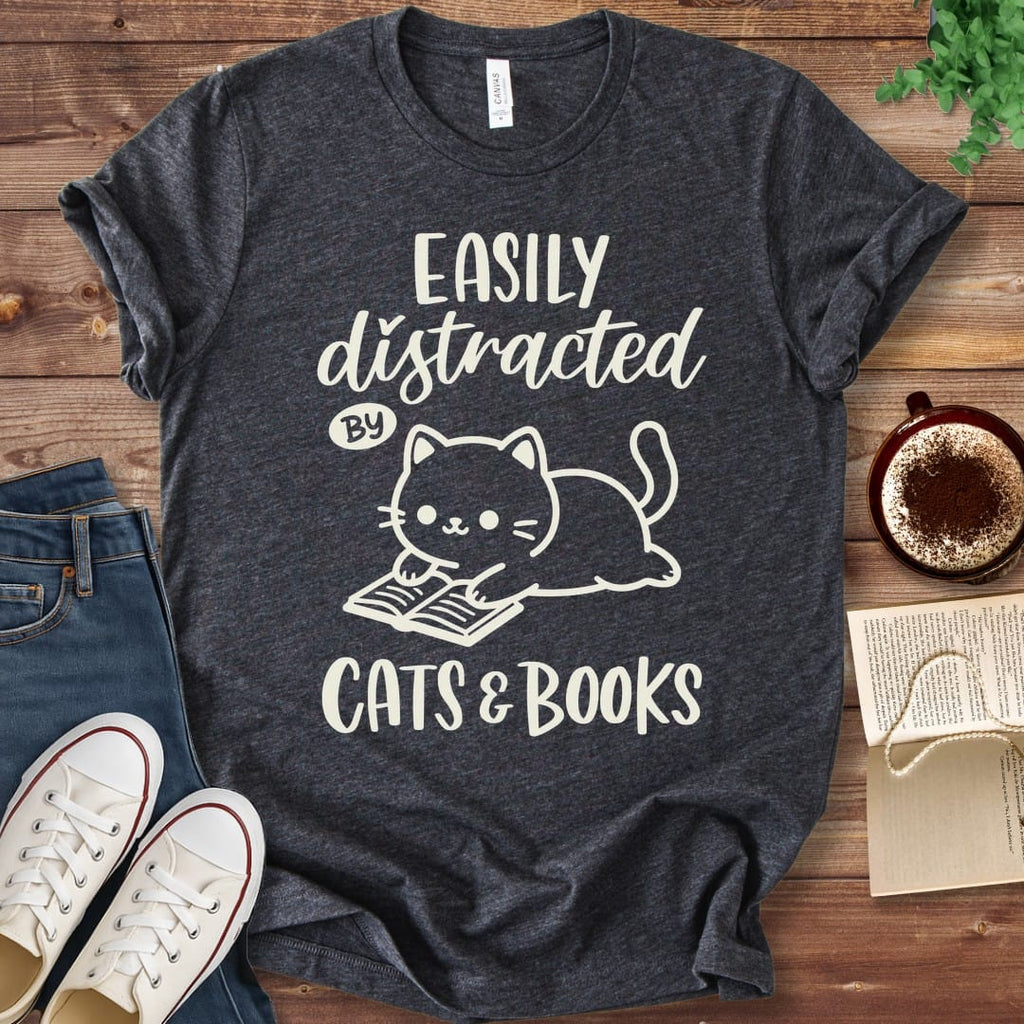 T-Shirt Dark Grey Heather / S Easily Distracted by Cats and Books T-Shirt