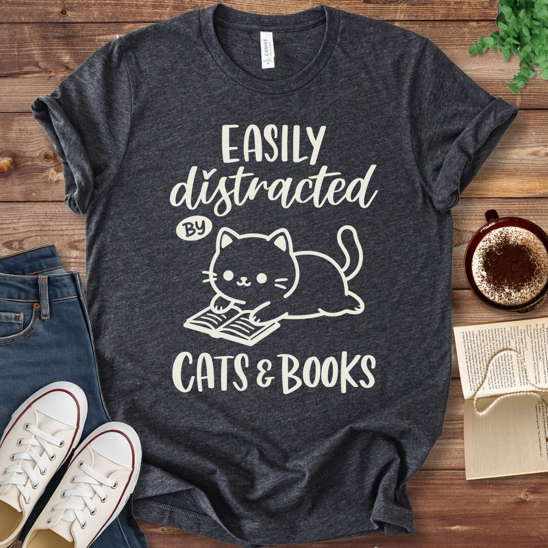 T-Shirt Dark Grey Heather / S Easily Distracted by Cats and Books T-Shirt