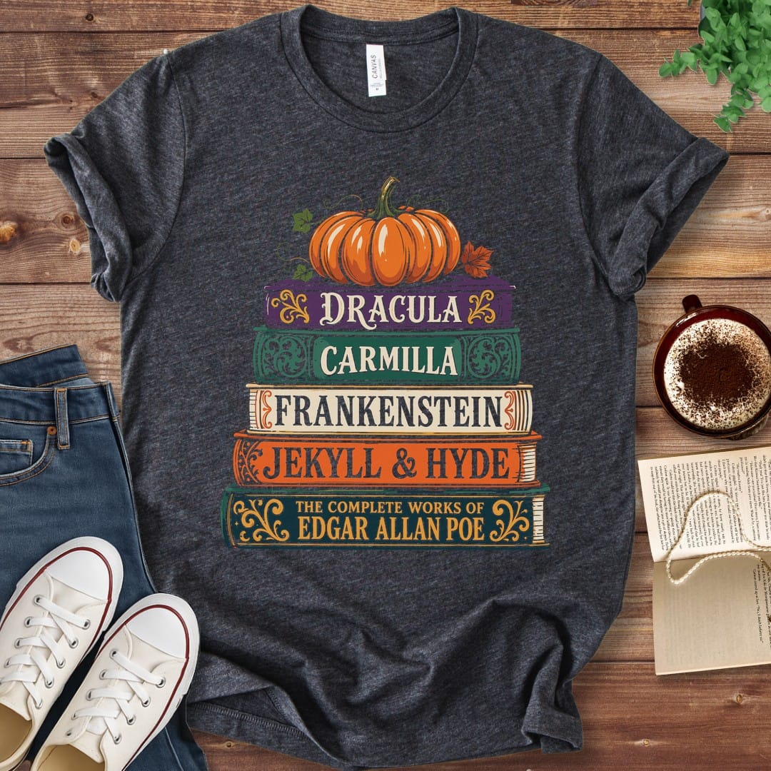 T-Shirt Dark Grey Heather / S Gothic Classics Halloween Book Stack T-Shirt