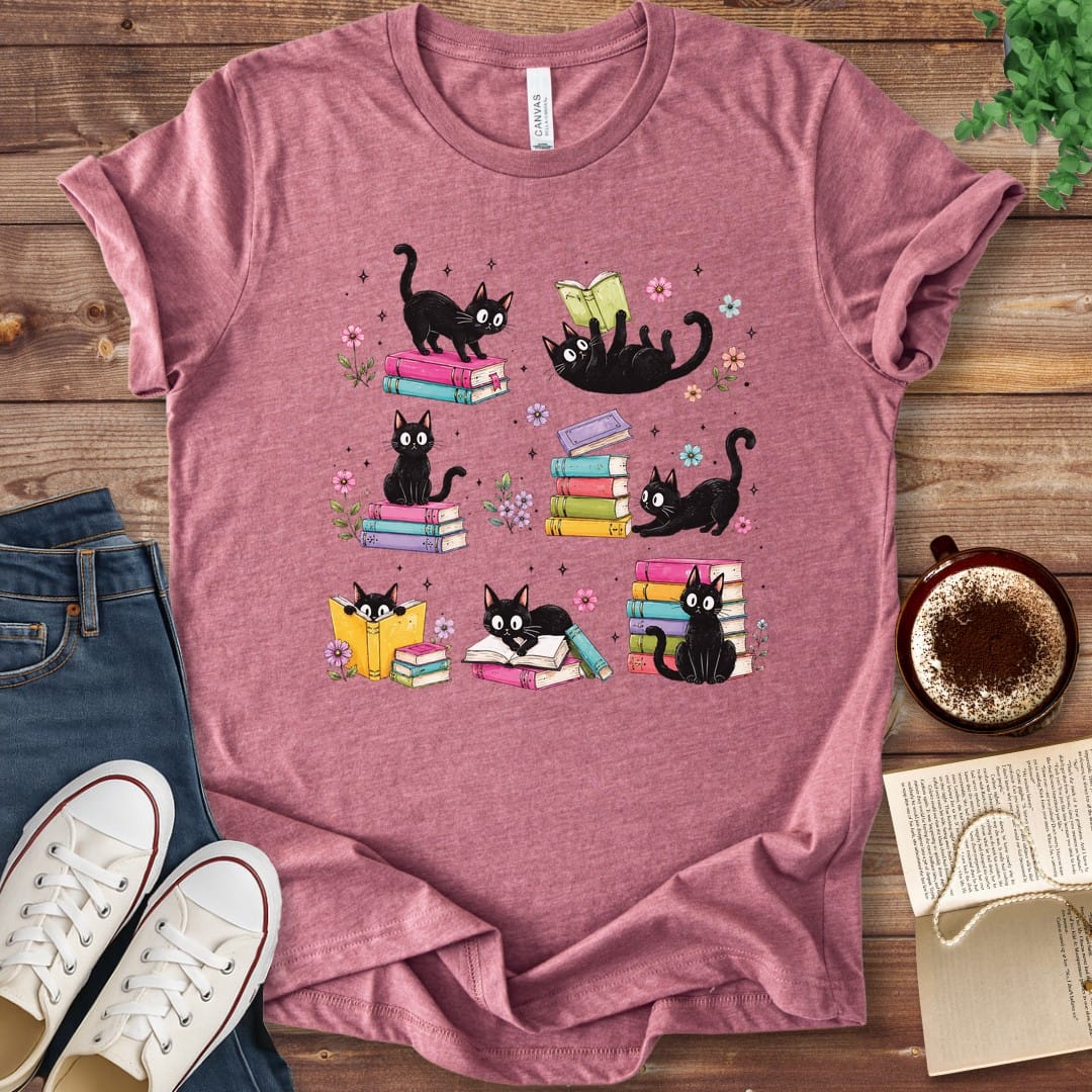 T-Shirt Heather Mauve / S Colorful Cats and Books T-Shirt