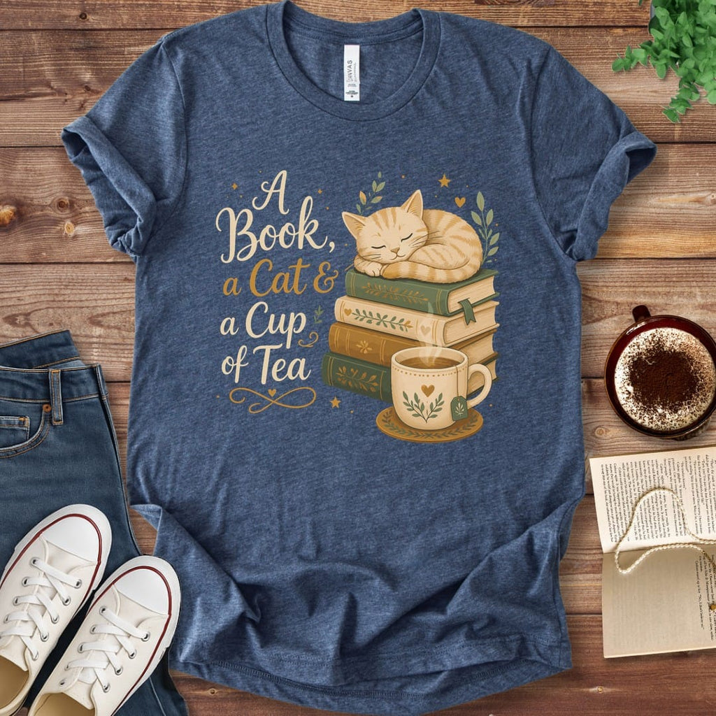 T-Shirt Heather Navy / S A Book a Cat and a Cup of Tea T-Shirt