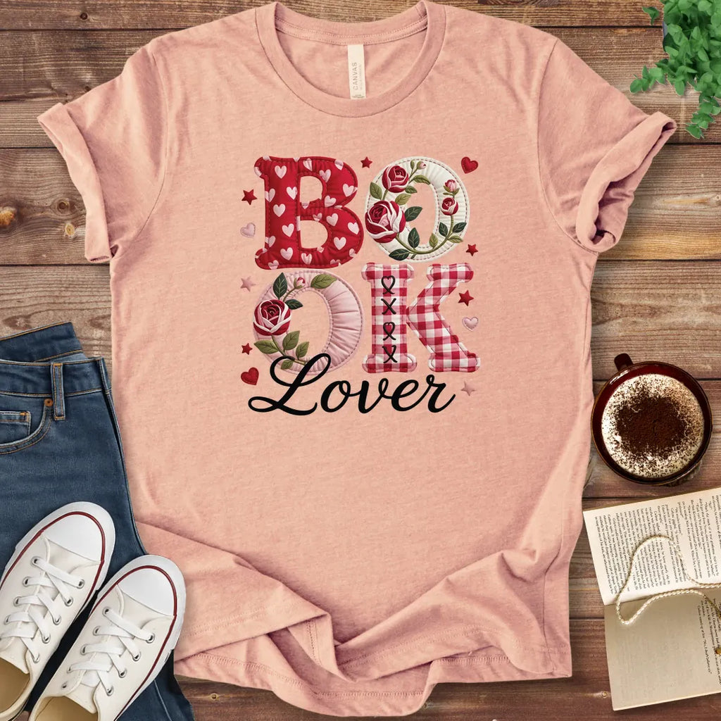 T-Shirt Heather Peach / S Book Lover Faux Patchwork T-Shirt