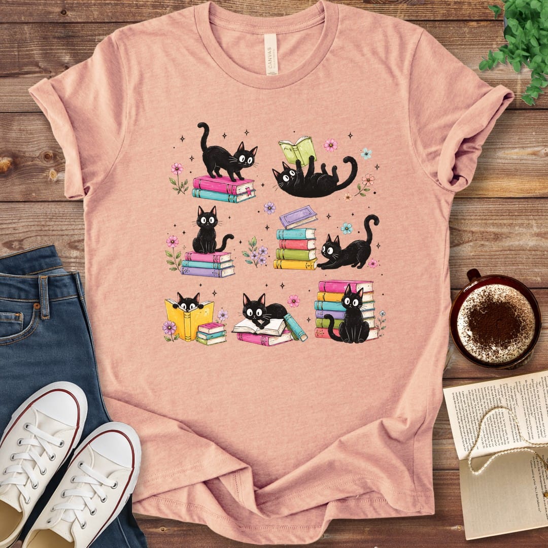 T-Shirt Heather Peach / S Colorful Cats and Books T-Shirt