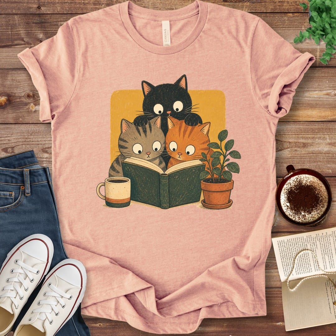 T-Shirt Heather Peach / S Curious Cats Reading Together T-Shirt