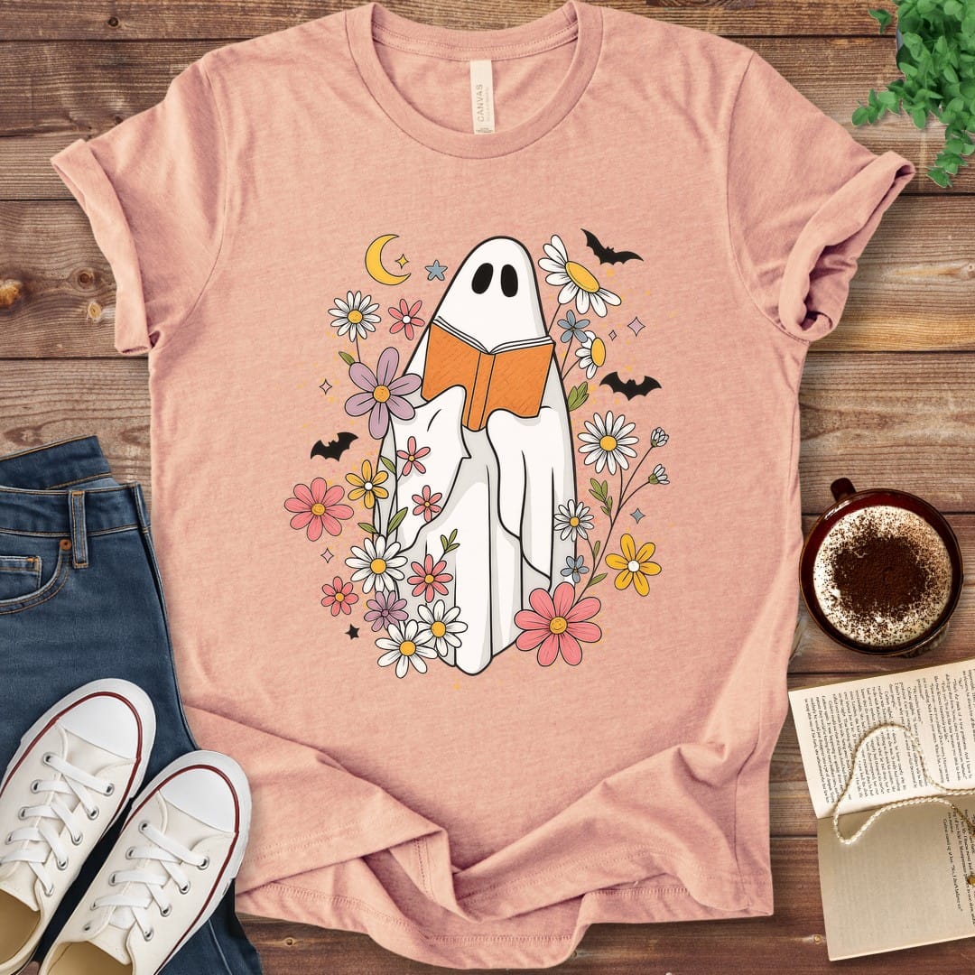 T-Shirt Heather Peach / S Halloween Ghost Reading Among Wildflowers T-Shirt
