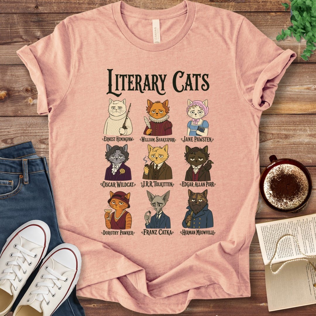 T-Shirt Heather Peach / S Literary Cats T-Shirt