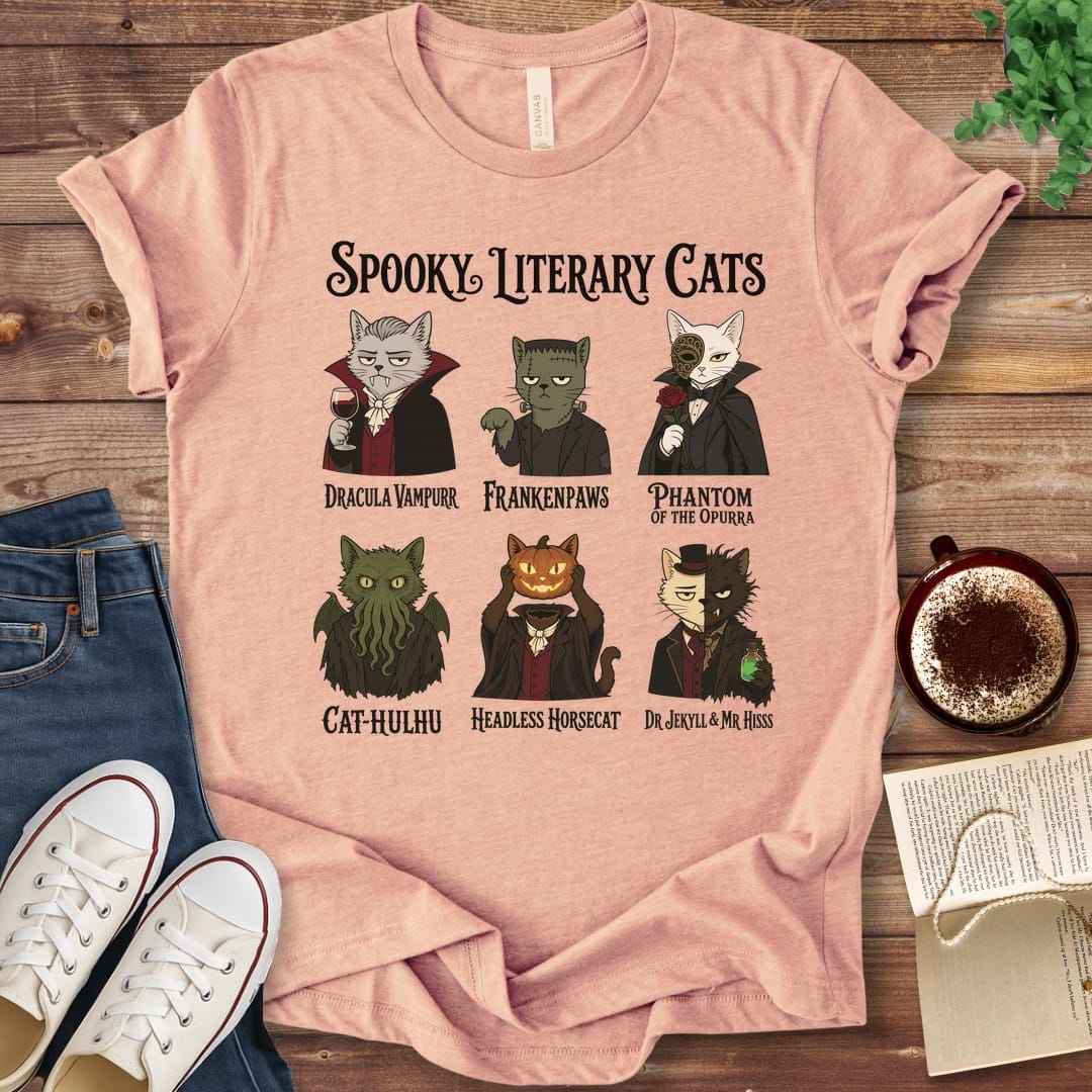 T-Shirt Heather Peach / S Spooky Literary Cats T-Shirt