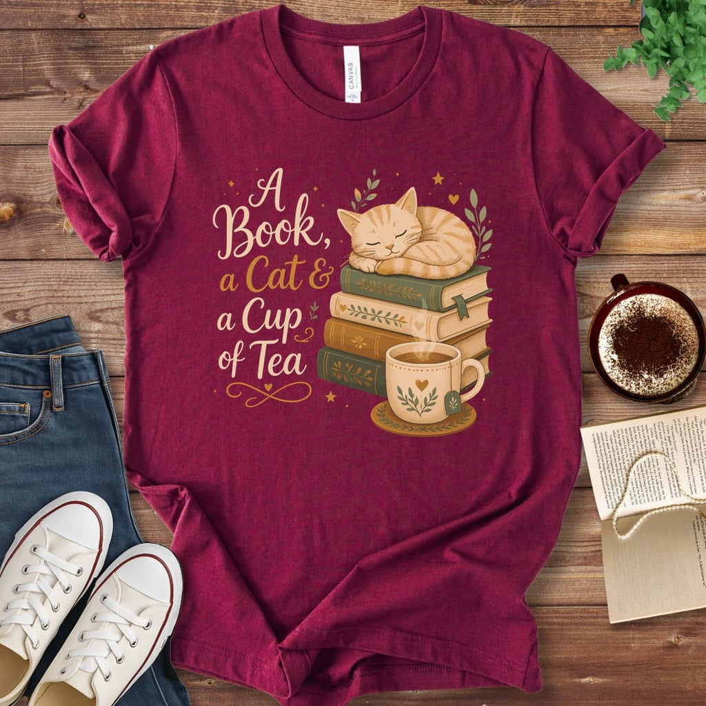 T-Shirt Maroon / S A Book a Cat and a Cup of Tea T-Shirt