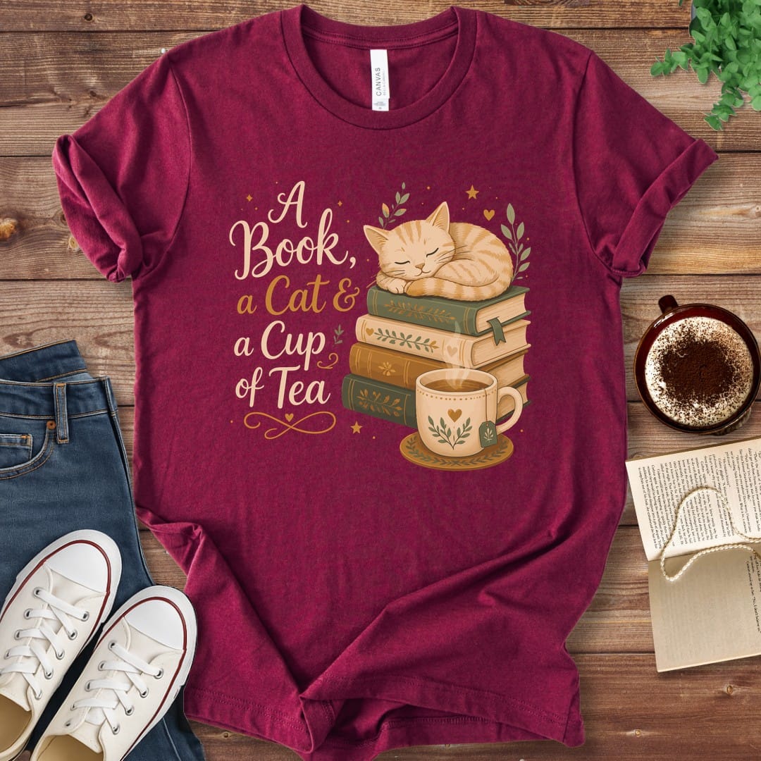 T-Shirt Maroon / S A Book a Cat and a Cup of Tea T-Shirt
