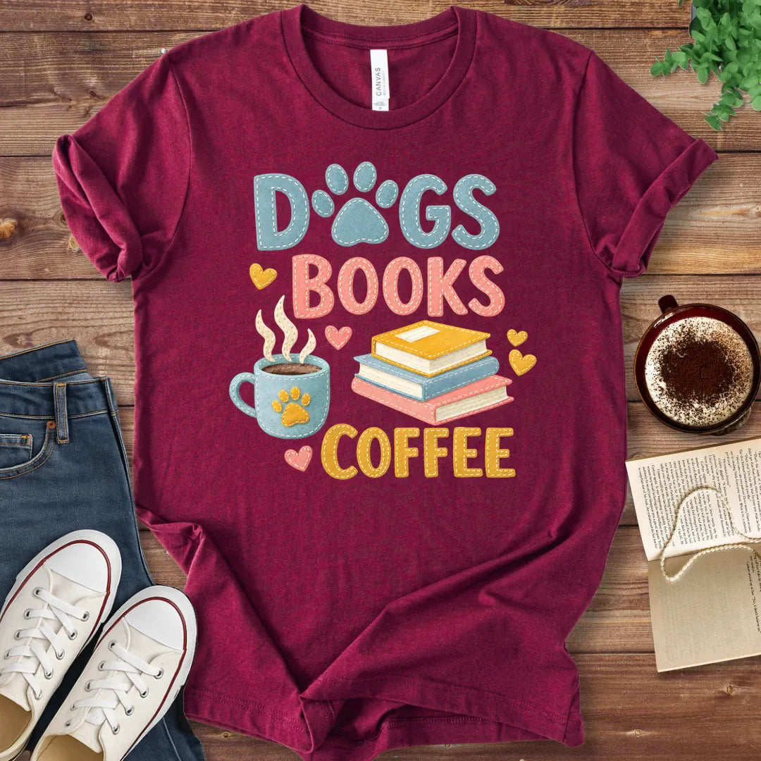 T-Shirt Maroon / S Dogs Books and Coffee Faux Patchwork T-Shirt