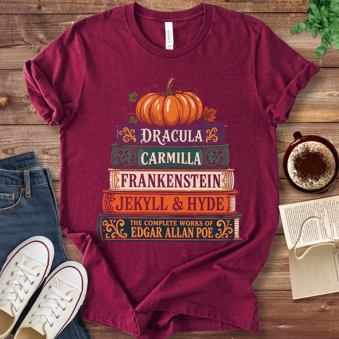 T-Shirt Maroon / S Gothic Classics Halloween Book Stack T-Shirt