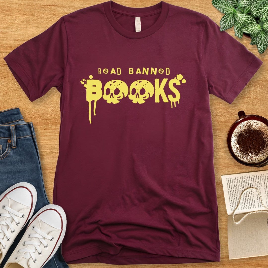 T-Shirt Maroon / S Read Banned Books Skull Shirt