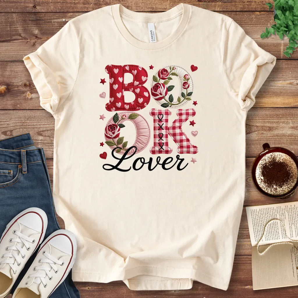 T-Shirt Natural / S Book Lover Faux Patchwork T-Shirt
