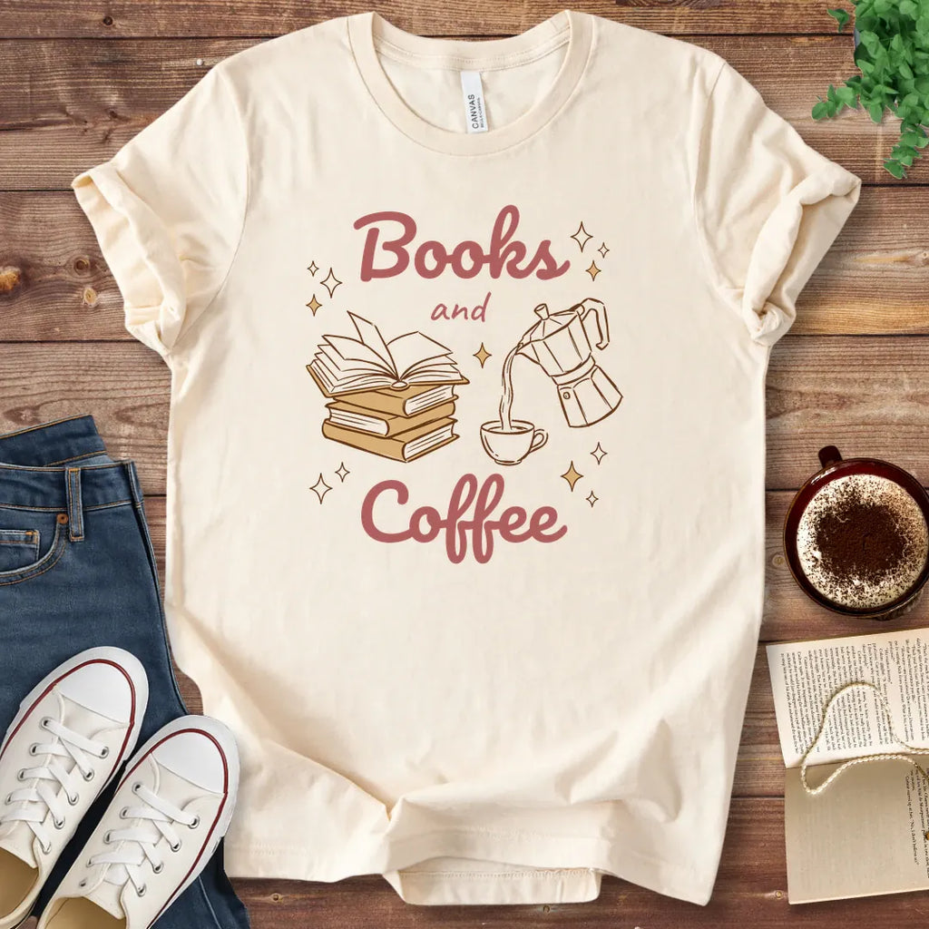 T-Shirt Natural / S Books and Coffee Illustrated T-Shirt