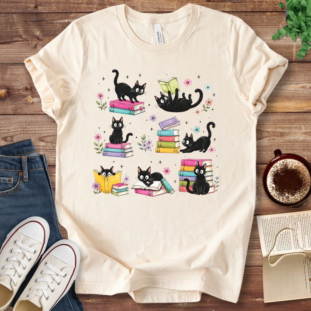 T-Shirt Natural / S Colorful Cats and Books T-Shirt