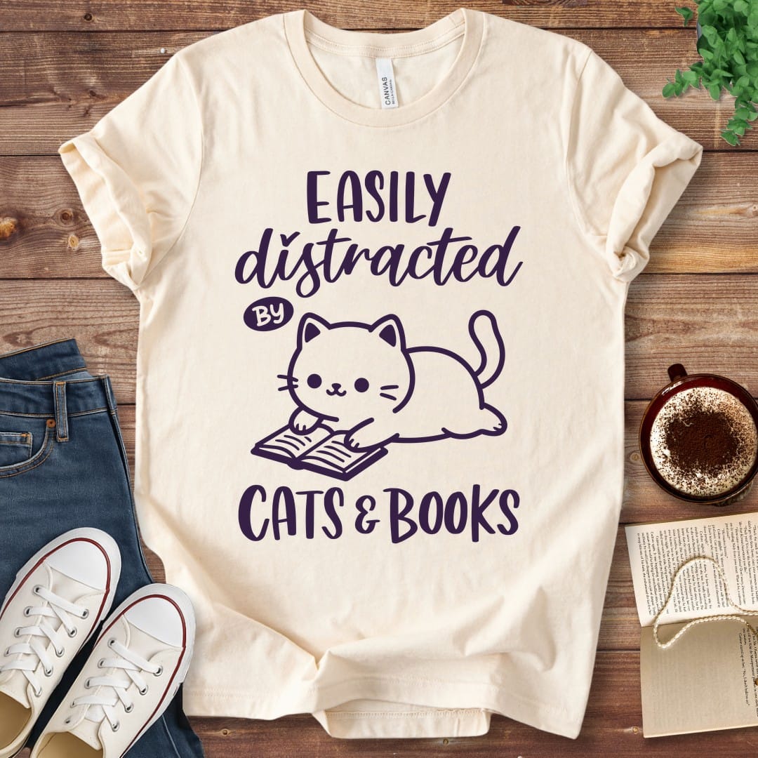 T-Shirt Natural / S Easily Distracted by Cats and Books T-Shirt