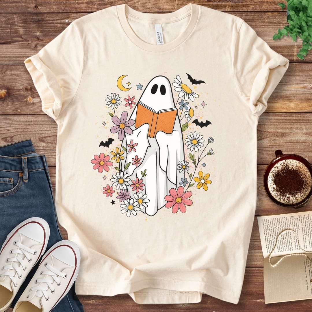 T-Shirt Natural / S Halloween Ghost Reading Among Wildflowers T-Shirt