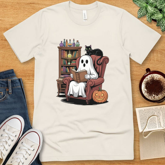 T-Shirt Natural / S Halloween Ghost Reading Shirt