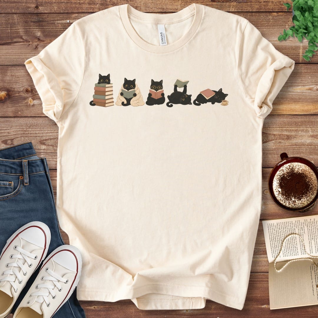 T-Shirt Natural / S Row of Reading Cats Book Lover T-Shirt