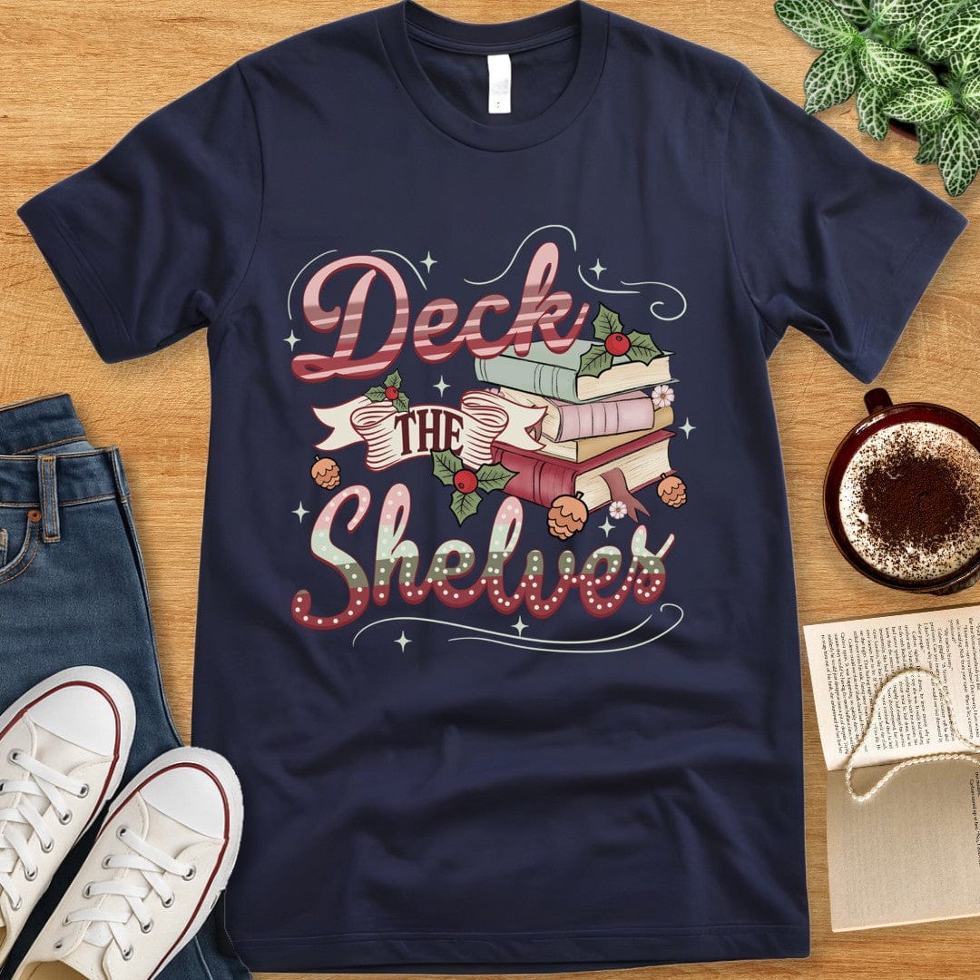 T-Shirt Navy / S Deck the Shelves Christmas Book Lover Shirt