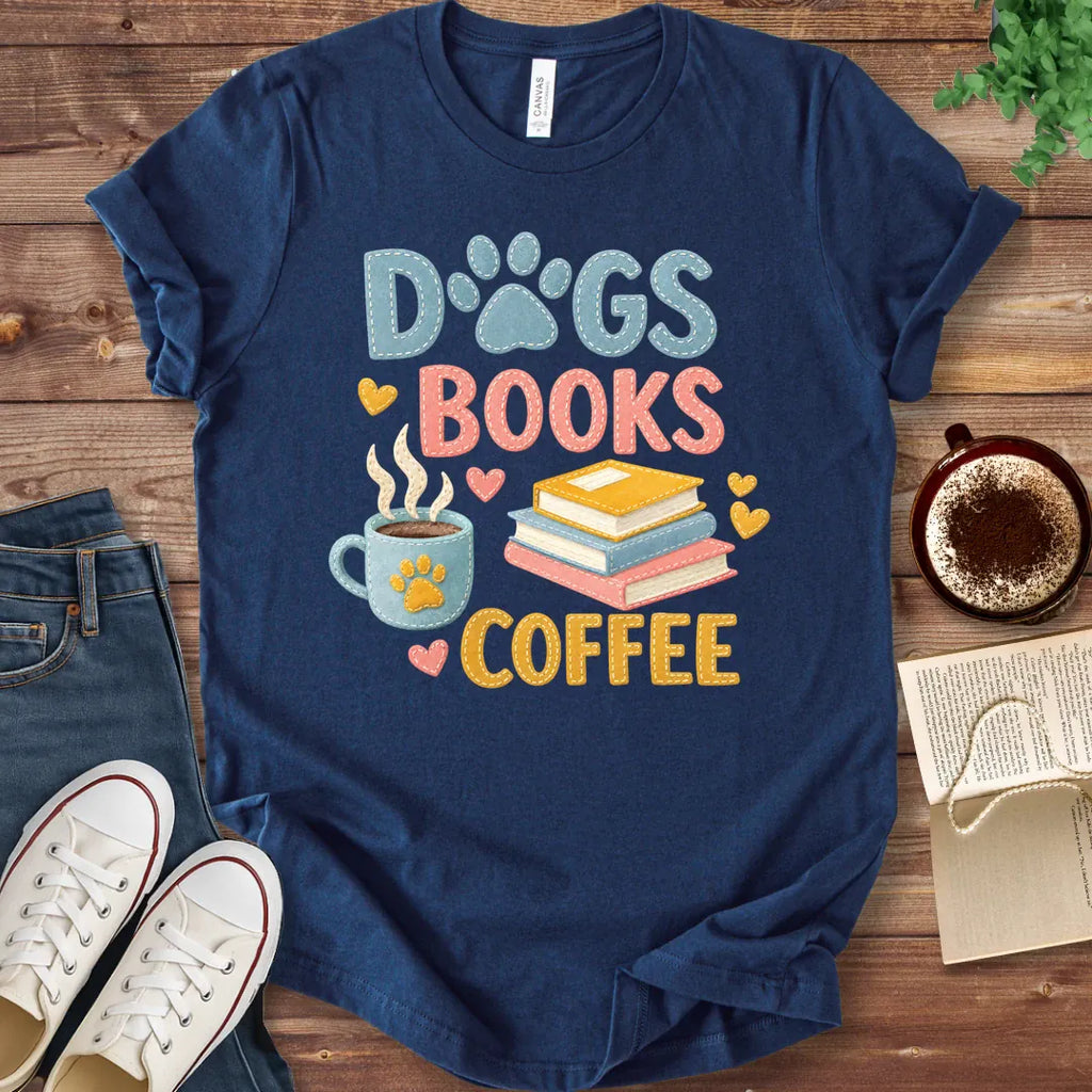 T-Shirt Navy / S Dogs Books and Coffee Faux Patchwork T-Shirt