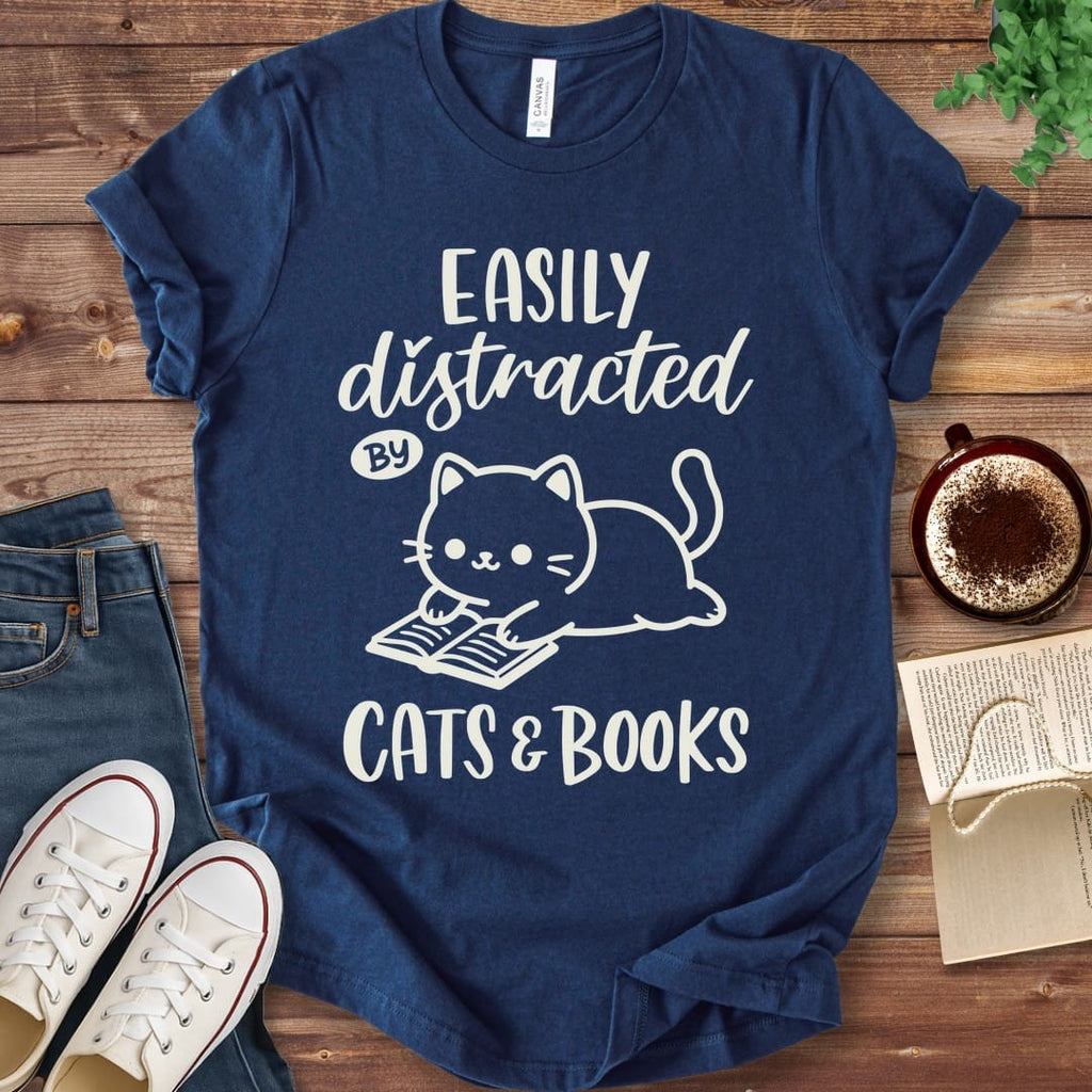 T-Shirt Navy / S Easily Distracted by Cats and Books T-Shirt