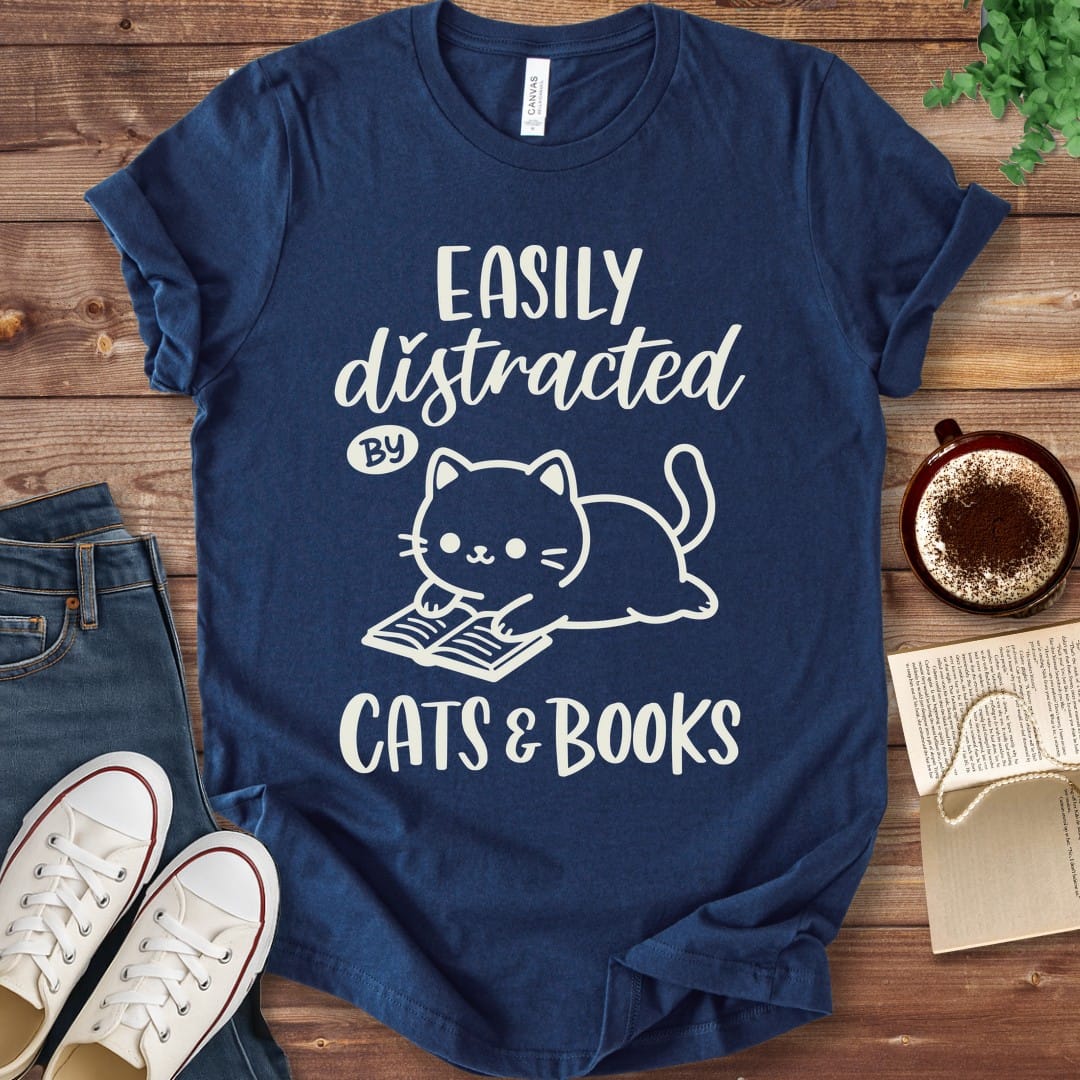 T-Shirt Navy / S Easily Distracted by Cats and Books T-Shirt