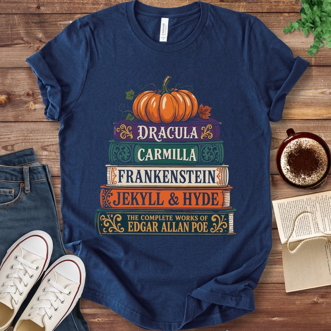 T-Shirt Navy / S Gothic Classics Halloween Book Stack T-Shirt