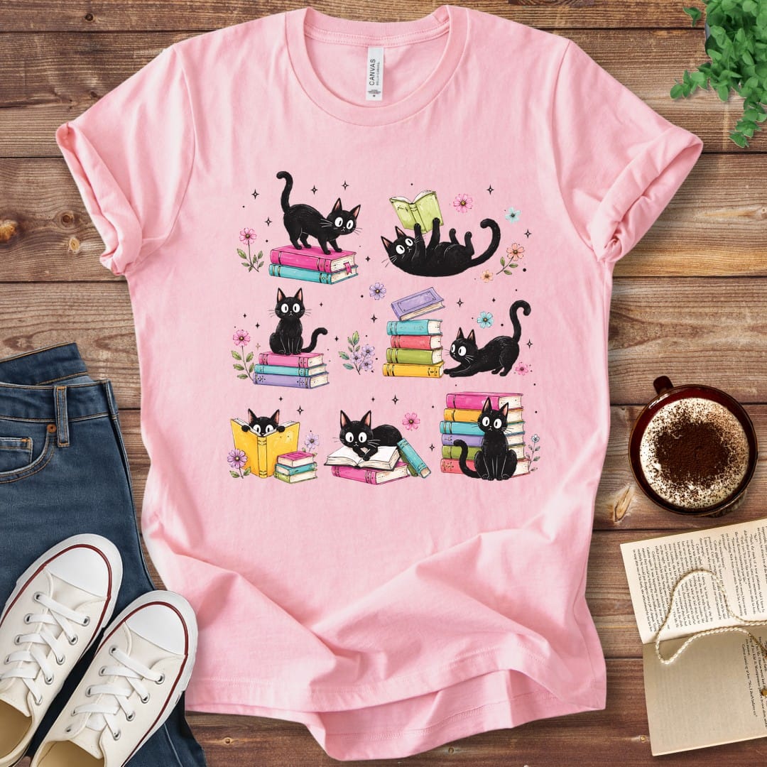 T-Shirt Pink / S Colorful Cats and Books T-Shirt