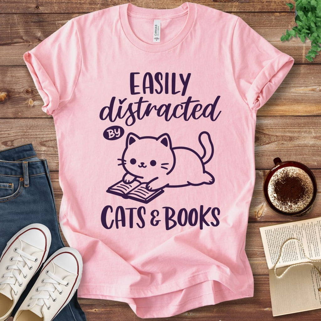 T-Shirt Pink / S Easily Distracted by Cats and Books T-Shirt
