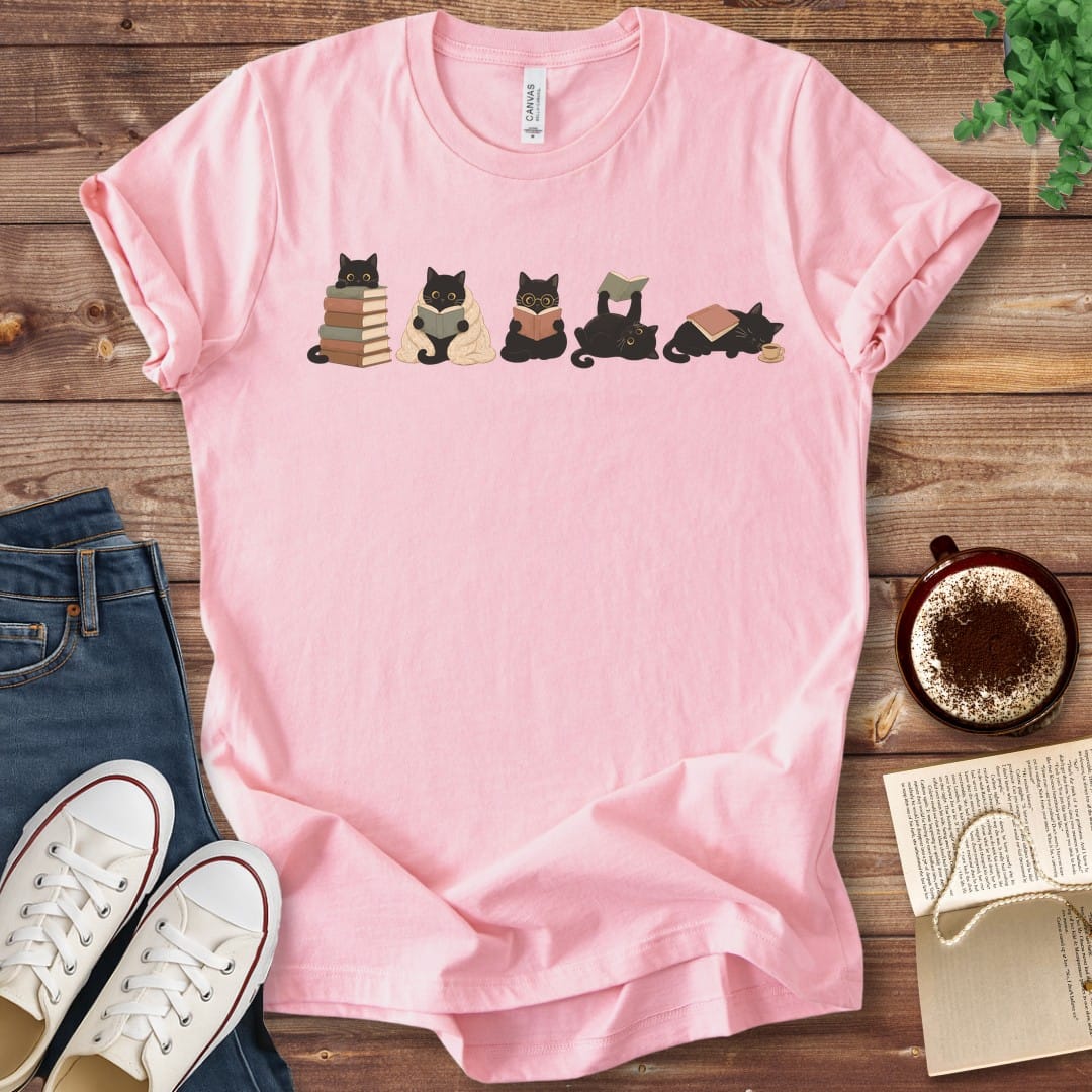 T-Shirt Pink / S Row of Reading Cats Book Lover T-Shirt
